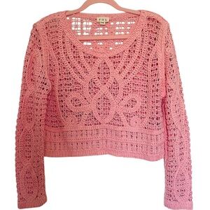 POL Pink Crochet Long Sleeve Cropped Sweater NWOT